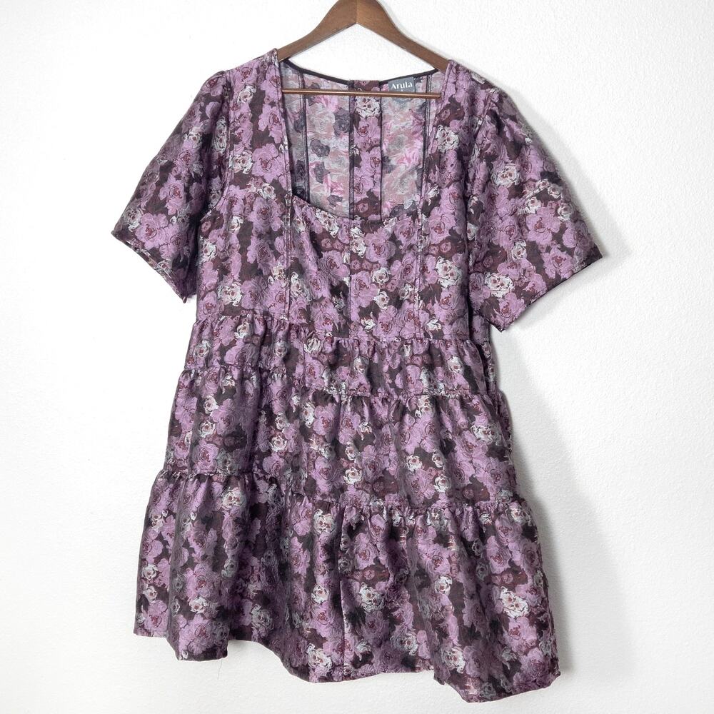 Arula Dress Size A (16) Purple Floral Cottagecore Tiered Short Sleeve